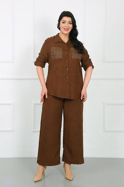 By Alba Collection Soft Linen Large Size Trousers - Tan, Elastic Waist