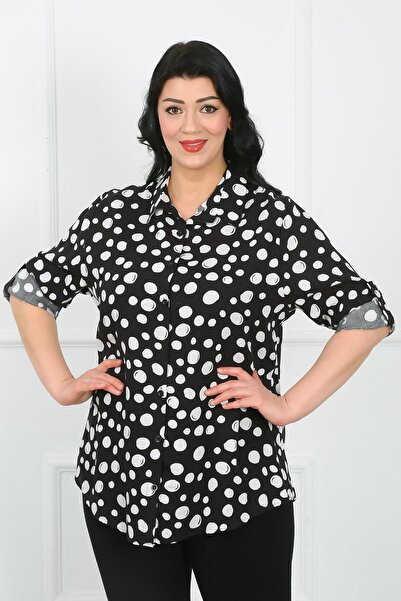 By Alba Collection Cămașă de damă din viscoză cu buline albe de mărime mare