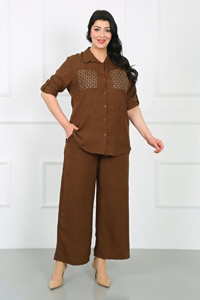 By Alba Collection Soft Linen Large Size Trousers - Tan, Elastic Waist