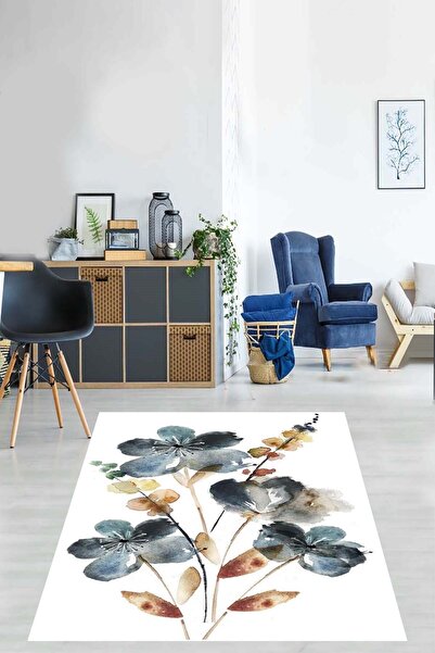 on the clouds Suluboya Mavi Çiçek ve Yaprak Efektli Yıkanabilir Kaymaz Taban ...