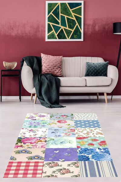 on the clouds Patchwork Kırkyama Desen Çiçekli Yıkanabilir Kaymaz Taban Leke Tutmaz Salon Halısı Yolluk