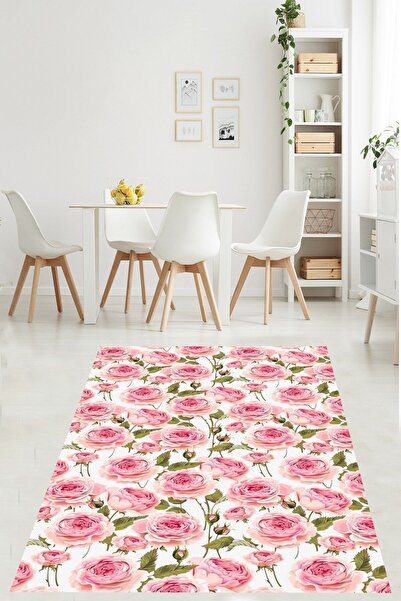 on the clouds Pembe Zeminde Gül Motifli Floral Desenli Yıkanabilir Kaymaz Taban Leke Tutmaz Salon Halısı Yolluk