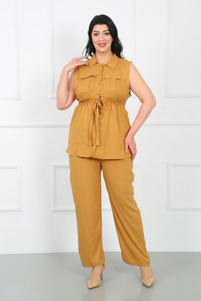By Alba Collection طقم سترة وبنطلون بلون الخردل مقاس كبير