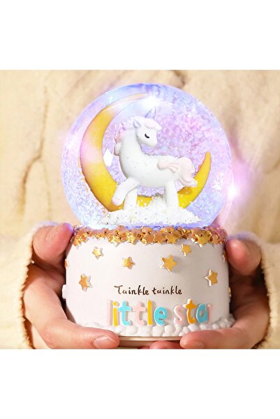 hediyesahibi Unicorn Dönen Işıklı Müzikli Püskürtmeli Büyük Boy Kar Küresi