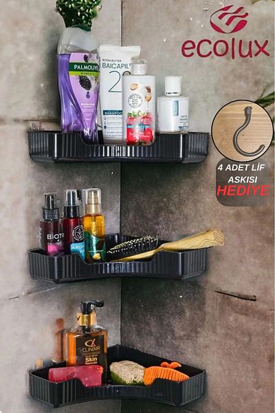 Ecolux 3-Piece Bathroom Organizer - Adhesive Shelf, Shower Shampoo Holder, Black Organizer