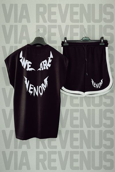 Vordevia We Are Venom Printed Zero Sleeve Black Tshirt and Black Shorts Sports Set