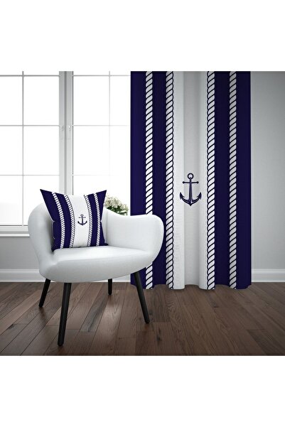 EVSEHOMES Denizci 904 Beyaz Halat Şeritli Çapa Çocuk Odası Fon Perde Tek Kanat