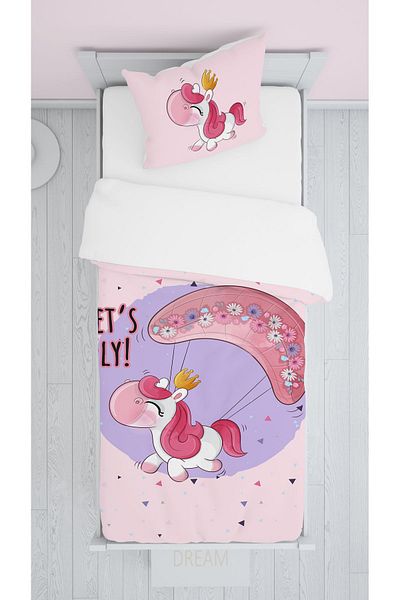 EVSEHOMES Flying Unicorn Children's Room Suit (Fon Curtain - Bed Cover and Pillow - Case)
