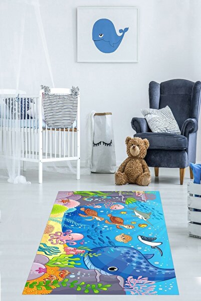 on the clouds Deniz Canlıları Desenli Balina Caretta Halı Dijital Baskı Yıkan...