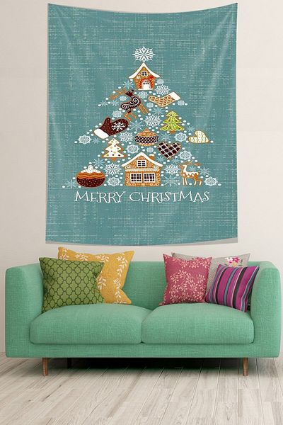 on the clouds Merry Christmas Themed Stain Resistant Fabric Wall Cover Wall Carpet Tapestry