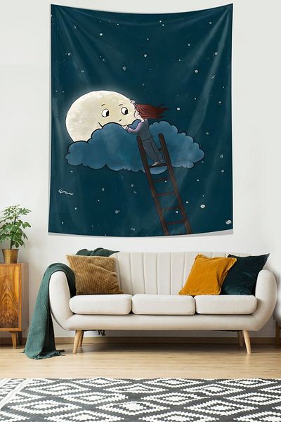 on the clouds Fată în cerul de noapte și luna Tapiserie de perete din țesătură rezistentă la pete