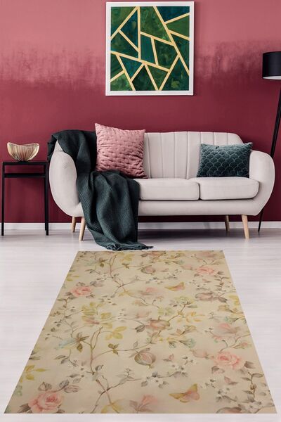 on the clouds Bej Zemin Çiçek Desenli Vintage Yıkanabilir Kaymaz Taban Leke T...