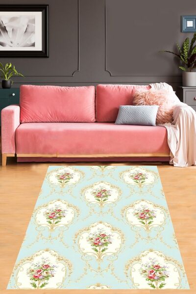 on the clouds Mint Zemin Floral Desen Yıkanabilir Kaymaz Taban Leke Tutmaz Sa...