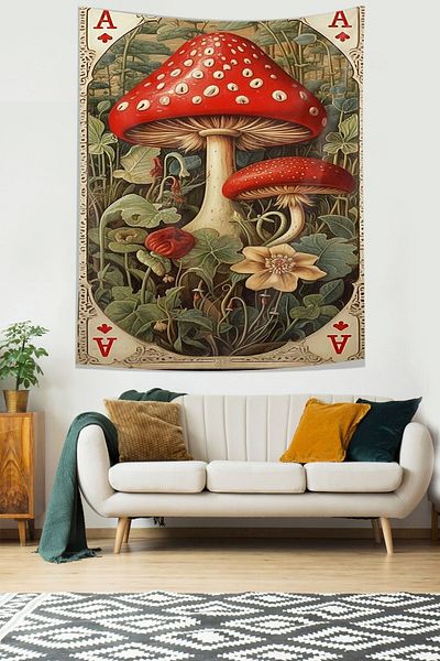 on the clouds Vintage Mushroom Pattern Stain Resistant Fabric Wall Cover Wall Carpet Tapestry