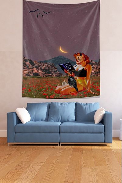 on the clouds Sad Girl Reading Books in Moonlight Stain-Proof Fabric Wall Cloth Wall Carpet Tapestry