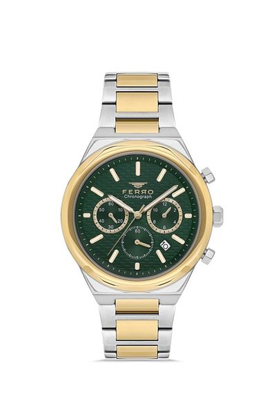 FERRO New Season Men's Silver-Yellow Green Bracelet and Functional Wristwatch with Gift