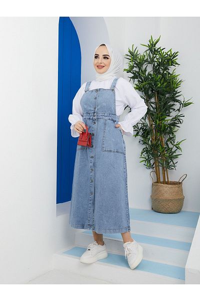 Pamuk Butik Women's Blue Dress Denim Salopet