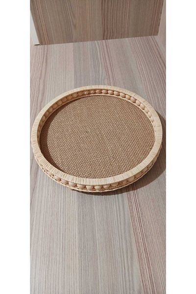 Nedabella Mandu Single Wooden Beaded Wicker Natural Raffia Tray, Decorative Tray, Bathroom, Home, Table Decor Tray/20cm