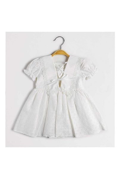 Şirin Şeyler Butiği Rochie cu mânecă scurtă Mademoiselle pentru fete din dantelă, cu căptușeală albă, rochie festonată Rochie festonată