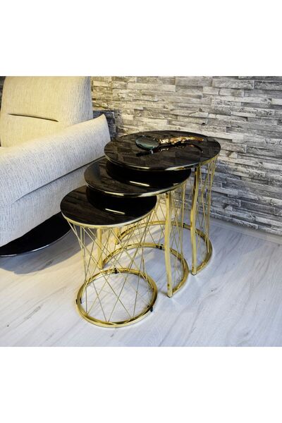 SEDAŞ LIVING UNITS Hasir Telli Siyah Aynali Temperli Cam Gold Metal Ayak Zigo...