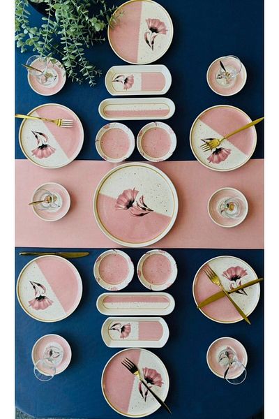 VENÜS HOME DECORATION Pink Poppy Model 6-Person 21 Piece Breakfast Set with Tea Plate