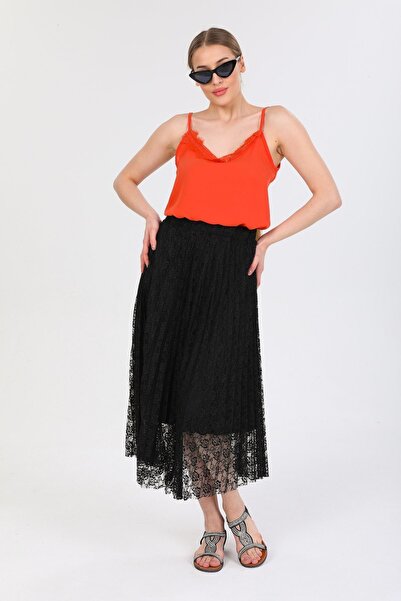 Pitti Women's Black Floral Patterned Lace Skirt 20950