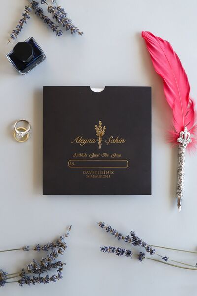 Pixel Davetiye 50-adet- Siyah Yaldızlı Davetiye - Düğün - Nişan - Kına - Sünnet - Nikah Davetiyesi - 8680