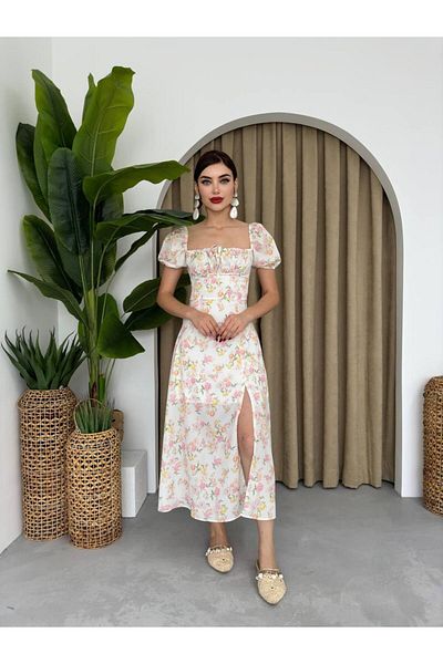 LİNEBUTİK Short Balloon Sleeve and Elastic with Chest Tie Detail