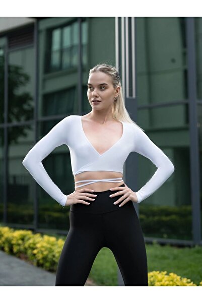 lismina Beyaz V Yaka Belden Bağlamalı Uzun Kollu Spor Tişört ( Sporcu Büstiyer )