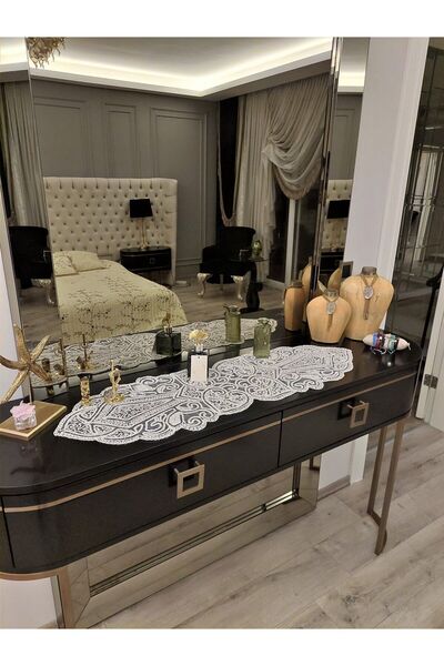 CAMİNHO DA LUA Ottoman Luxury Runner Salon Τραπεζάκι σαλονιού Τραπεζομάντιλο Γαλλικό δαντελωτό προίκα Χρυσό ασημί