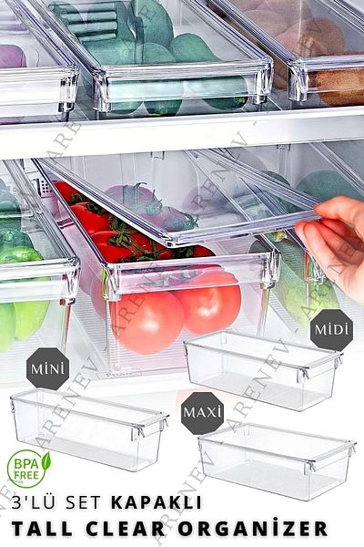 BOZHOUSE Set of 3 with Lid New Clear Refrigerator & Cabinet Organizer Organizer Storage Box