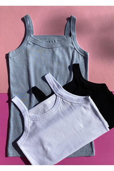 VicTroy Camisole Summer Cotton, Oval Collar, 3-Piece Black, Light Blue and White Color Women's Corded Tank Top