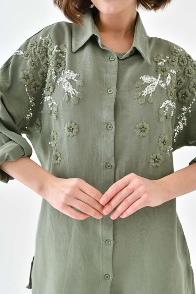 MVStore Λινό Πουκάμισο Oversize - Κεντημένο με λουλουδάτο μοτίβο