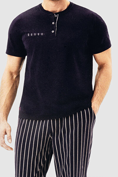 BSM Υψηλής ποιότητας ανδρικό ριγέ Navy Σετ Πιτζάμες & Σετ Προίκας - Κοντό μανίκι