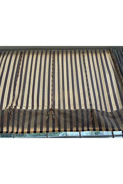 Görgülü Shop String Traction Height Adjustable Brown Cream Striped Balcony Curtain Thick Fabric