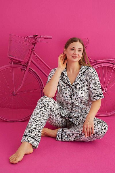 ELİTOL Set de pijamale din lycra din bumbac cu nasturi Battal