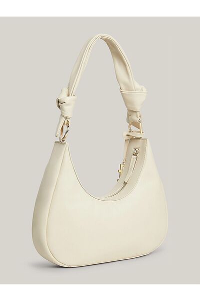 Tommy Hilfiger Women's Leather Brand Logo Zippered Daily Use White Shoulder Bag AW0AW16073-0K4