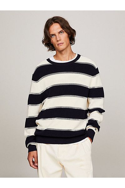 Tommy Hilfiger Men's Logo Round Neck Long Sleeve Casual Black-White Sweater MW0MW33517-0GY