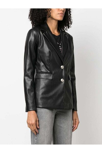 Liu Jo Women's Logo Leather Zippered Daily Use Black Jacket MF3040E0624-22222