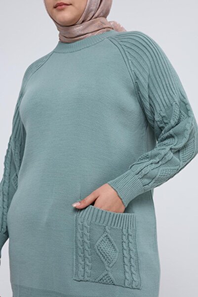 ilmek Women's Large Size Sleeve Hair Braided Pocket Winter Knitwear Tunik 4372