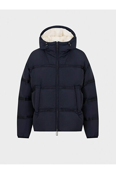 Emporio Armani Men's Hooded Collar Brand Detailed Zippered Puffer Navy Blue Coat 6R1B90 1NCFZ-0920