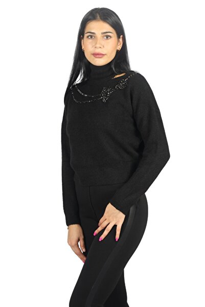 Liu Jo Women's Long Sleeve Patterned Turtleneck Comfortable Black Sweater MF3093MA050-22222
