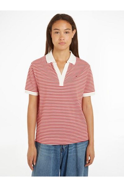 Tommy Hilfiger Women's Brand Logo Short Sleeve Polo Neck Slim Red Polo Neck T-Shirt WW0WW41286-03O