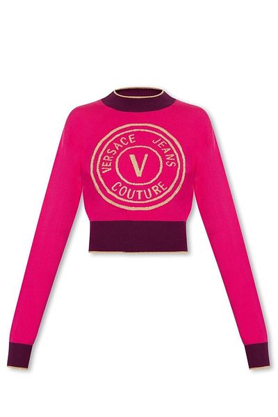 Versace Women's Logo Casual Long Sleeve Pink Sweater 75HAFM21 CM01A-455