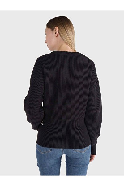 Tommy Hilfiger Kadın Logolu Yuvarlak Yakalı Uzun Kollu Günlük Kullanım Siyah Kazak WW0WW40989-BDS