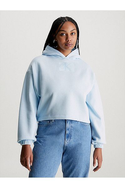 Calvin Klein سويت شيرت نسائي بغطاء للرأس وأكمام طويلة بشعار أزرق J20J222962-CYR