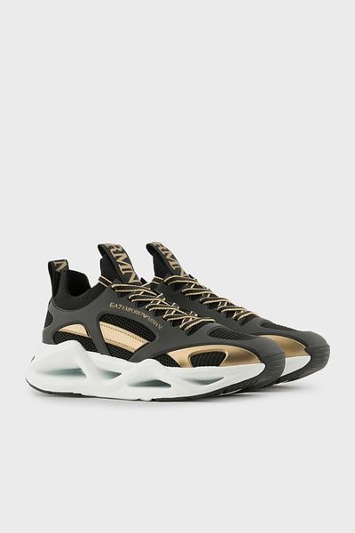 EA7 UNISEX Mesh Stripe Logo Lace Up Black-Gold Sneaker X8X174 XK377-M701