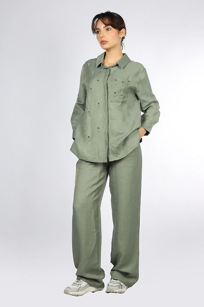Lady Gina Women's Cotton Shirt Collar Long Sleeve Button Closure Khaki Bottom-Top Set JGNBVB24Y8156-KHAKI