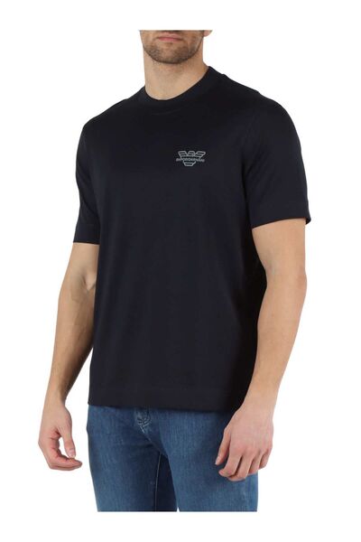 Emporio Armani Tricou albastru cu mânecă scurtă din bumbac organic cu logo-ul mărcii pentru bărbați 3D1TH3 1JOCZ-09Q7