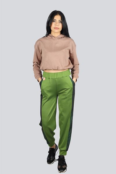 GİZİA Women's Pocketed Green Trousers with Elastic Waist and Colorful Side Detail M1I027-GREEN